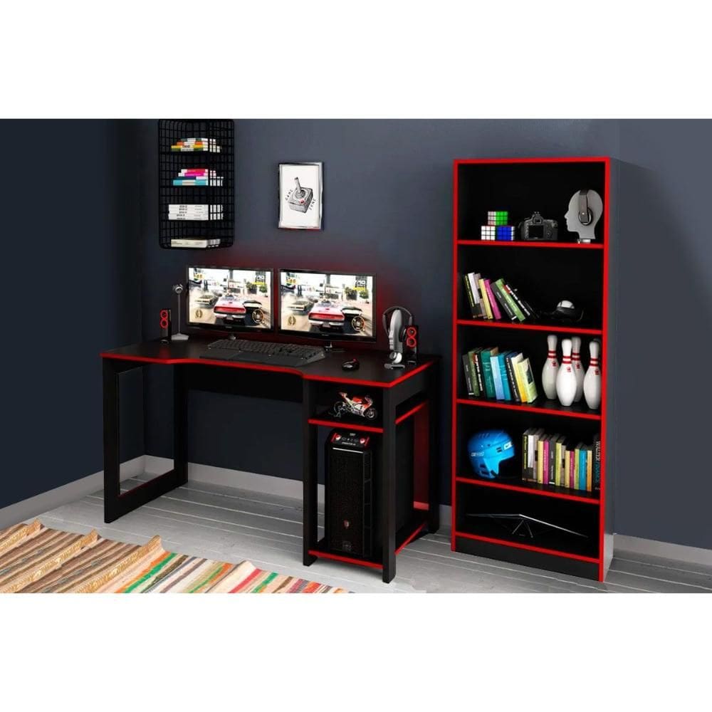 Mesa Computador Casal Quarto Gamer ( de Computador + Estante) 2 Peças Preto/Vermelho - Tecno Mobili