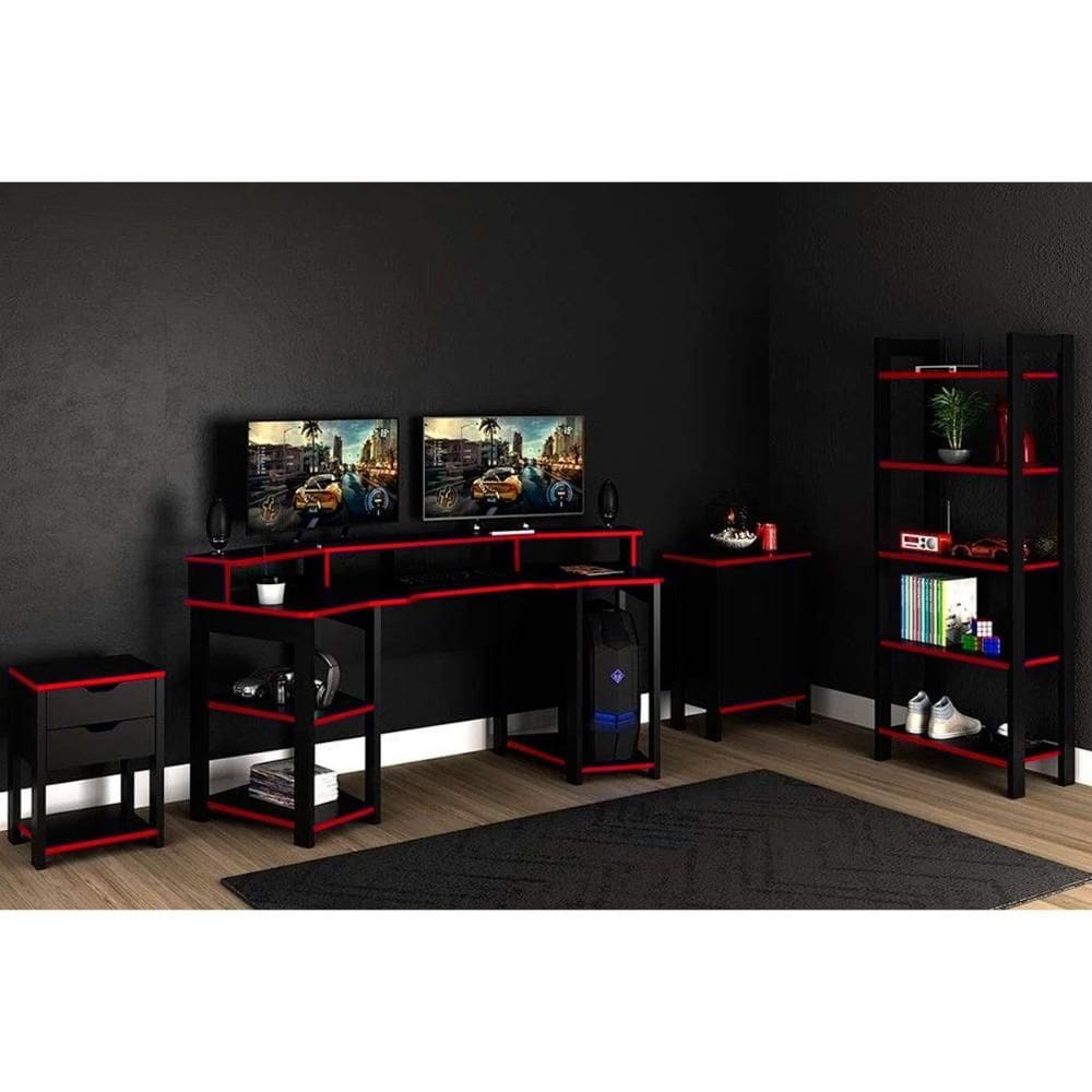 Quarto Completo Solteiro Gamer 4 Peças (Mesa Cabeceira + Mesa de Computador + Balcão + Estante) Preto/Vermelho - Tecno Mobili