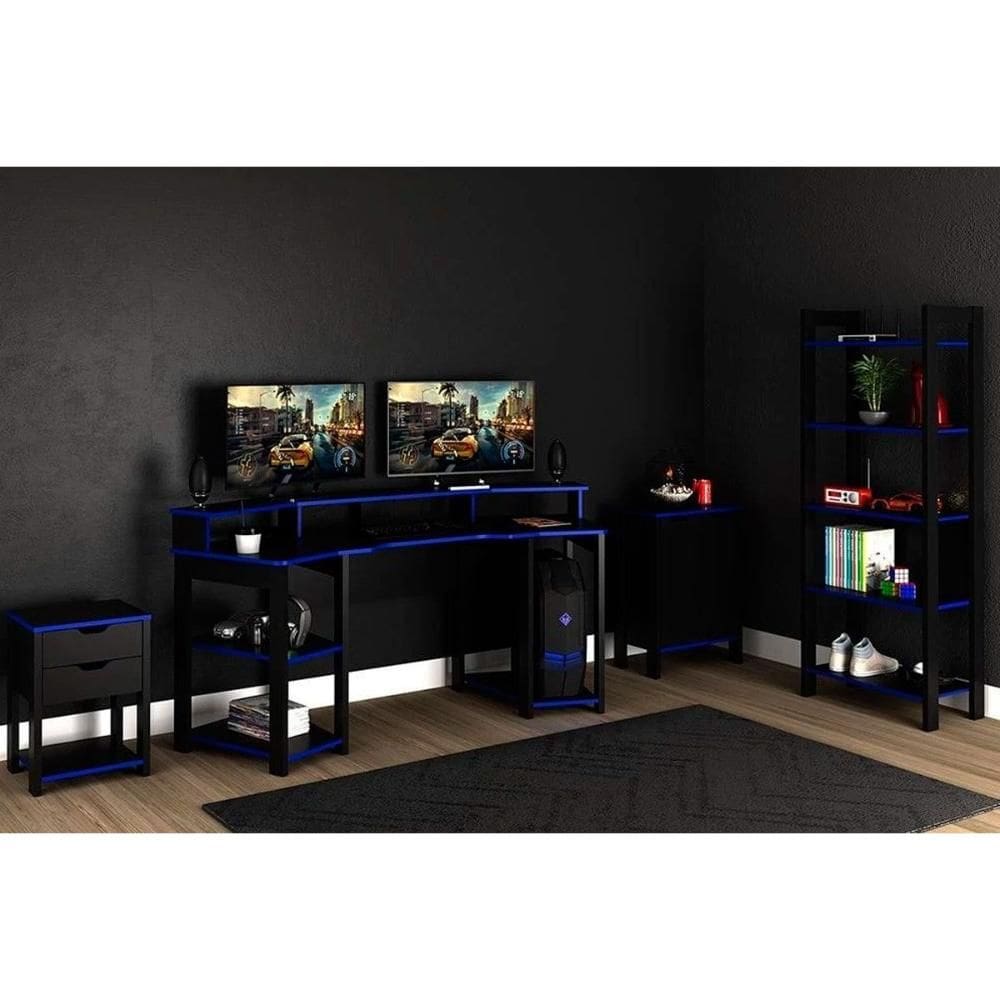 Quarto Completo Solteiro Gamer 4 Peças (Mesa Cabeceira + Mesa de Computador + Balcão + Estante) Preto/Azul - Tecno Mobili