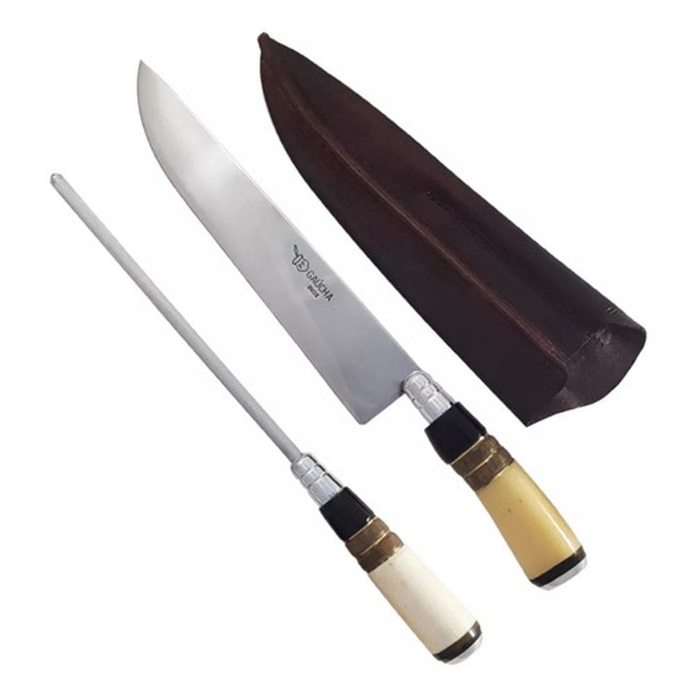 Kit Faca Artesanal 10Pol E Chaira Estriada Cabo Madeira 0Ss0