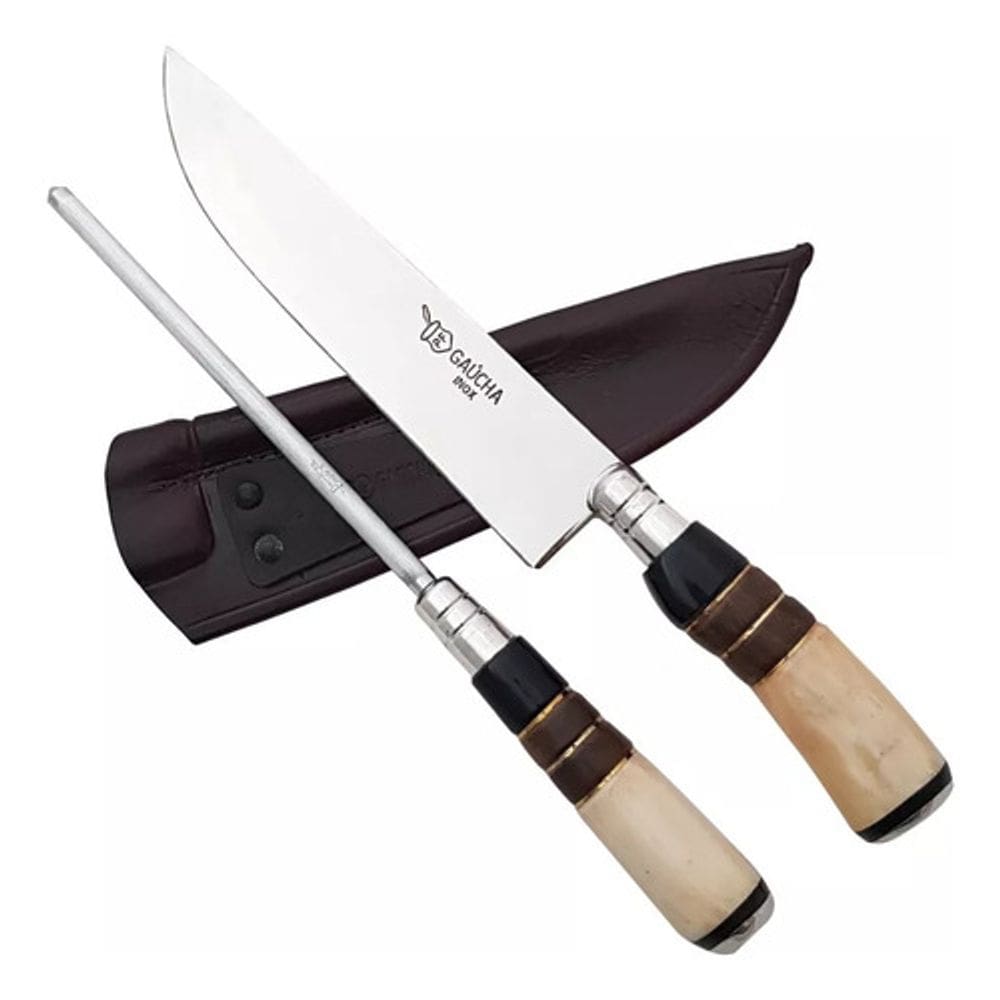 Kit Faca Artesanal 8Pol Chaira Aço Inox Cabo 0Ss0 Chifre