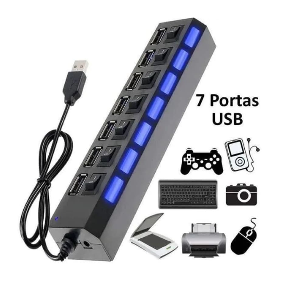 Hub 2.0 USB 7 Portas Multi KA-H7U - Expansão Máxima