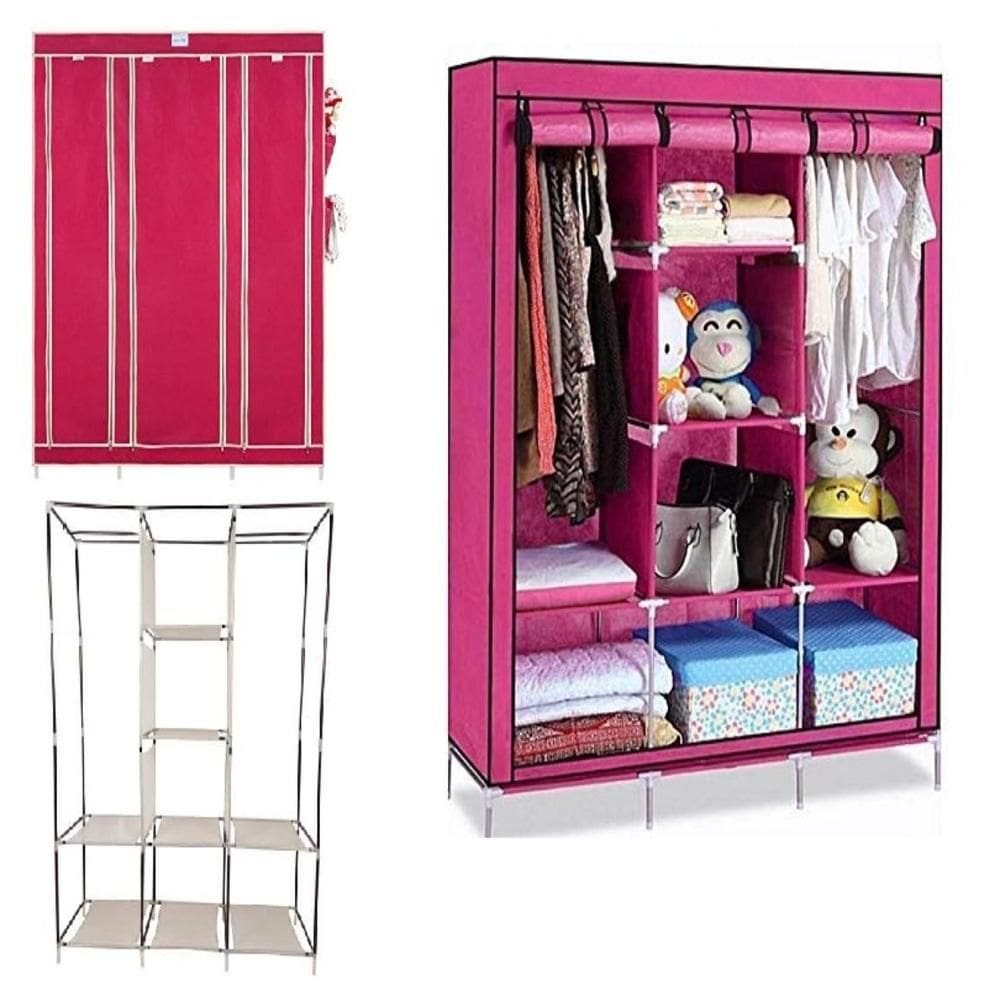 Guarda-Roupa Portátil com Cabideiro e Prateleiras Rosa