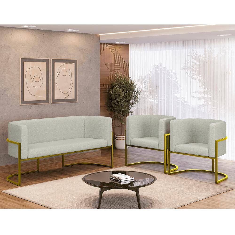 Kit Sofá 2 Lugares e 2 Poltronas Lua Bouclê com Base Metal Gold