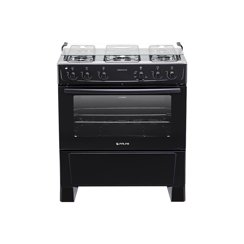 Fogão De Piso Atlas Monaco Plus 5 Bocas Mesa Inox Forno 86,5 Litros Preto Bivolt