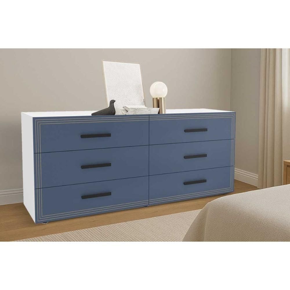 Cômoda Casal Valência c/ 6 Gavetas Branco/Azul - Politorno