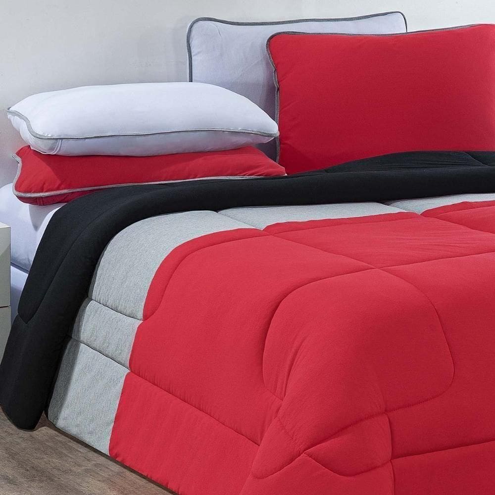 Kit Edredom Malha 100% Algodão Urbano 3 Peças Casal - Vermelho-mescla-preto