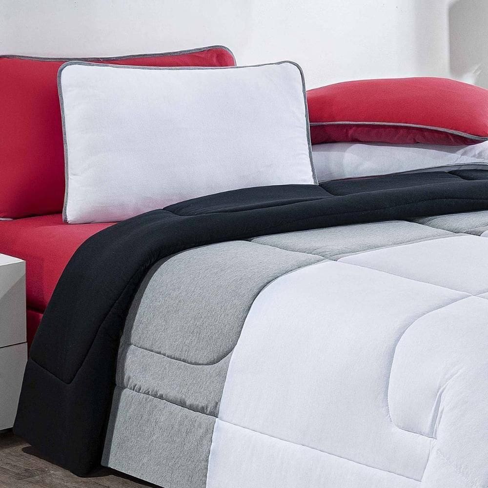 Kit Edredom Malha 100% Algodão Urbano 3 Peças Queen - Branco-mescla-preto