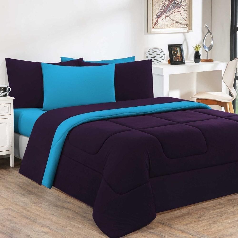 Edredom Malha 100% Algodão Gran Moratta 1 Peça Queen - Roxo -azul Turquesa