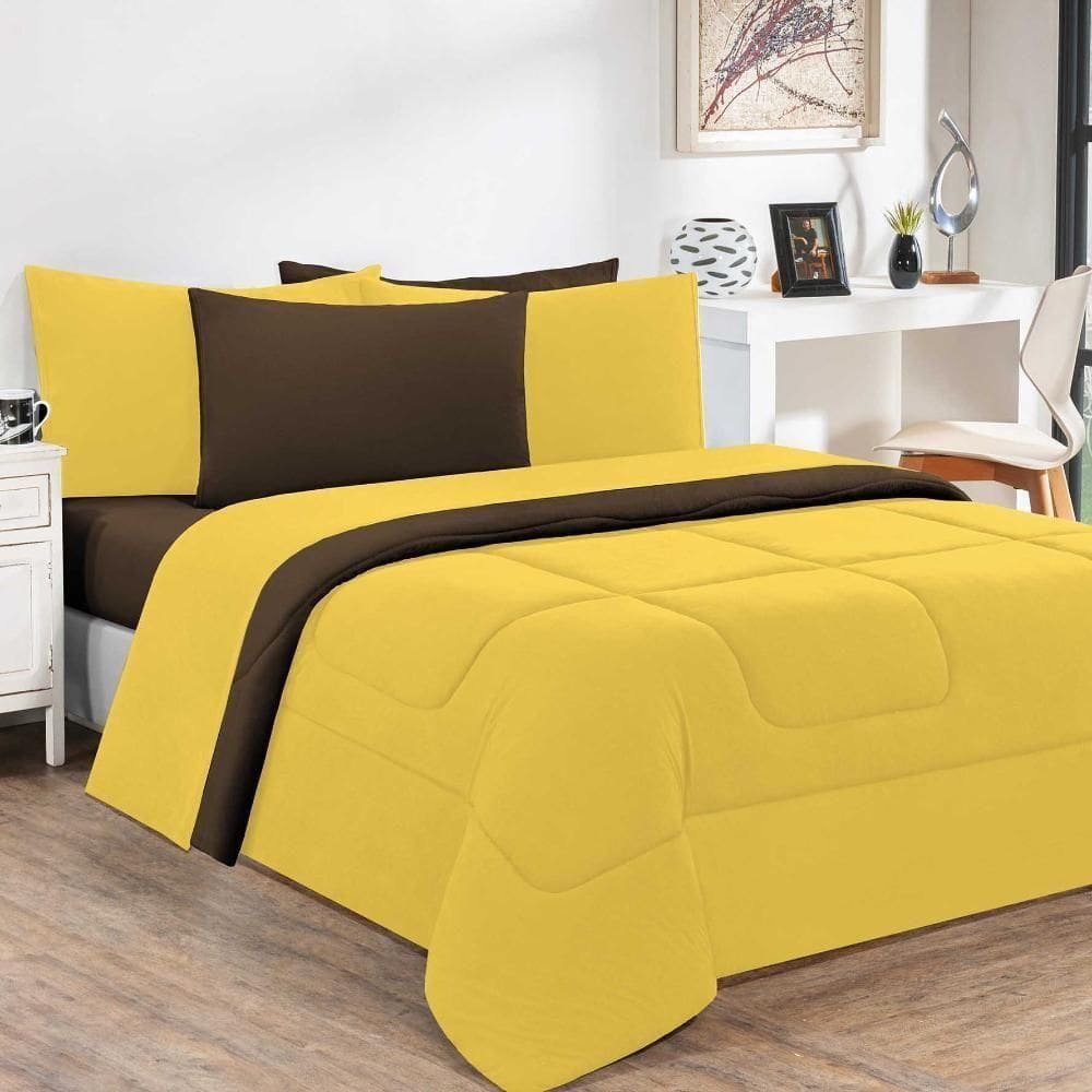 Kit Edredom Malha 100% Algodão Gran Moratta 3 Peças Queen - Amarelo-marrom