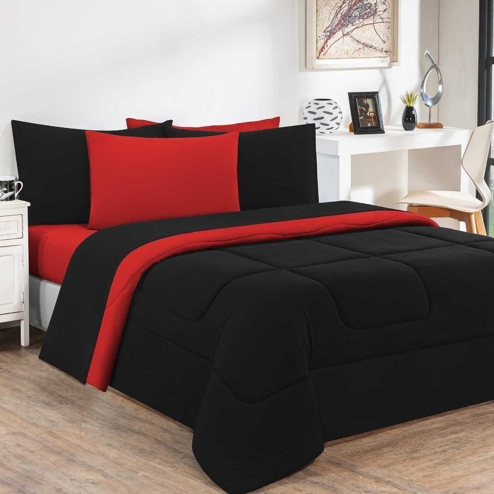 Kit Edredom Malha 100% Algodão Gran Moratta 2 Peças Solteiro - Preto-vermelho