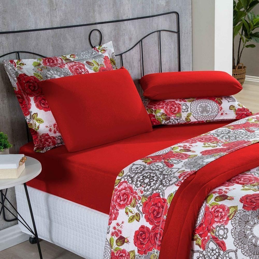 Kit Edredom Malha 100% Algodão Primavera 3 Peças Casal - Floral Vermelho