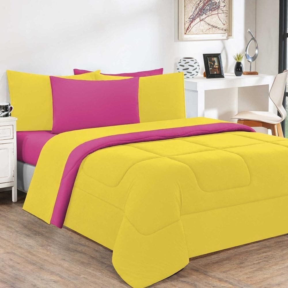 Kit Edredom Malha 100% Algodão Gran Moratta 3 Peças Casal - Amarelo-pink