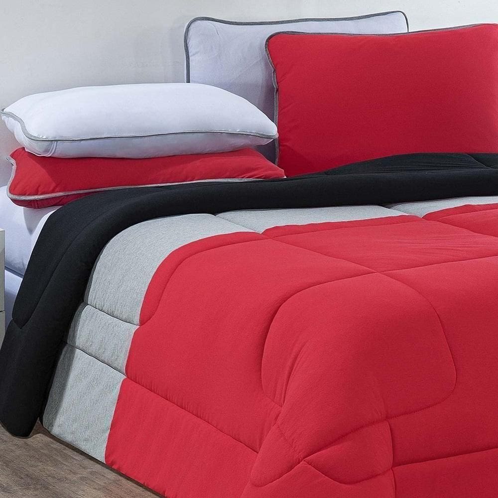 Edredom Malha 100% Algodão Urbano 1 Peça Casal - Vermelho-mescla-preto