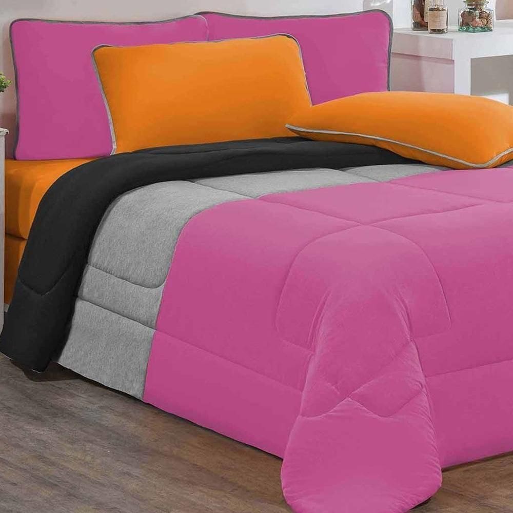 Edredom Malha 100% Algodão Urbano 1 Peça Casal - Pink-mescla-preto