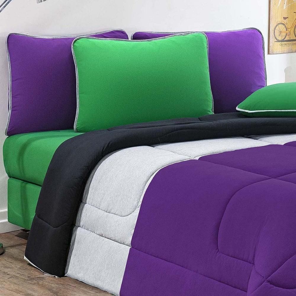 Kit Edredom Malha 100% Algodão Urbano 2 Peças Solteiro - Roxo-mescla-preto