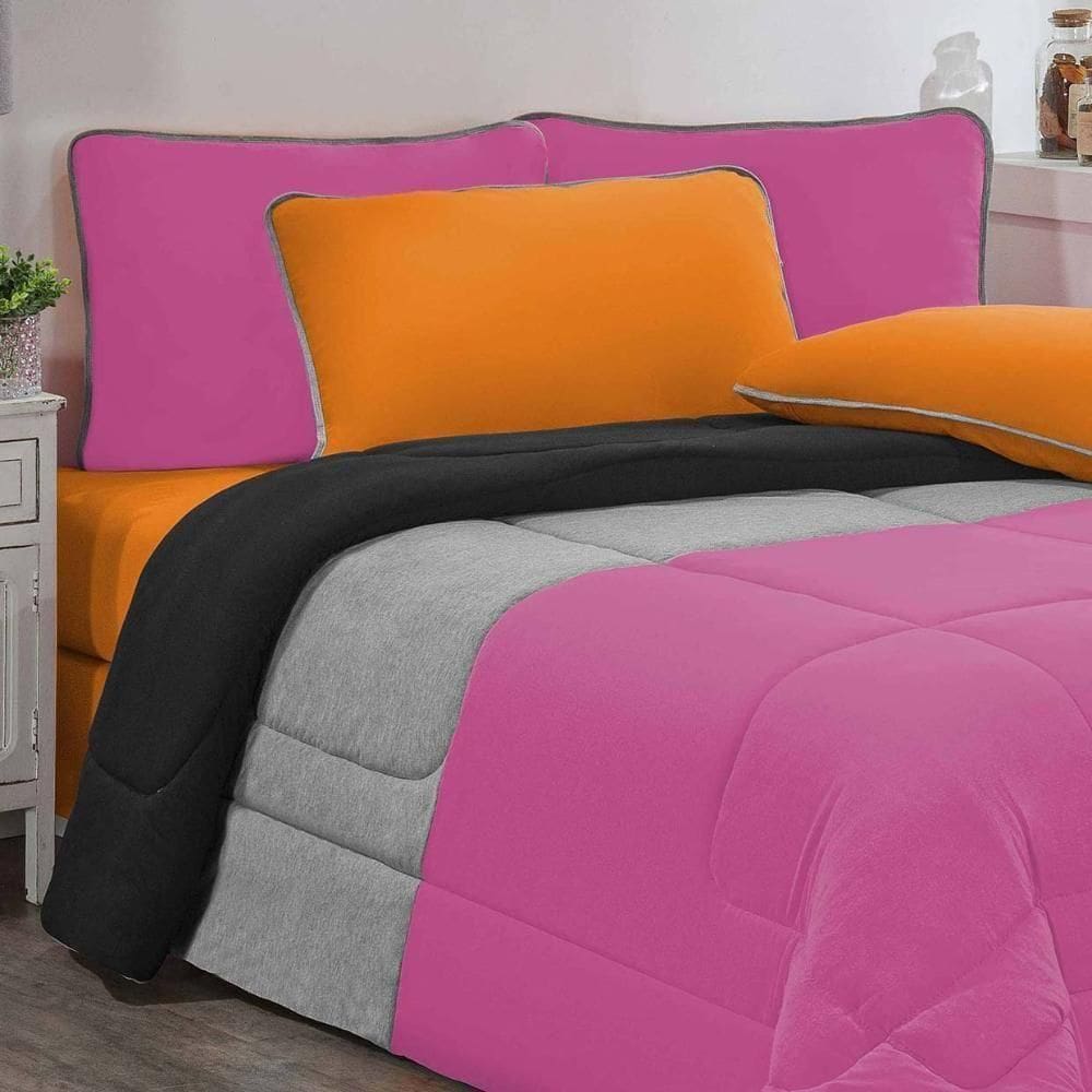 Kit Edredom Malha 100% Algodão Urbano 2 Peças Solteiro - Pink-mescla-preto