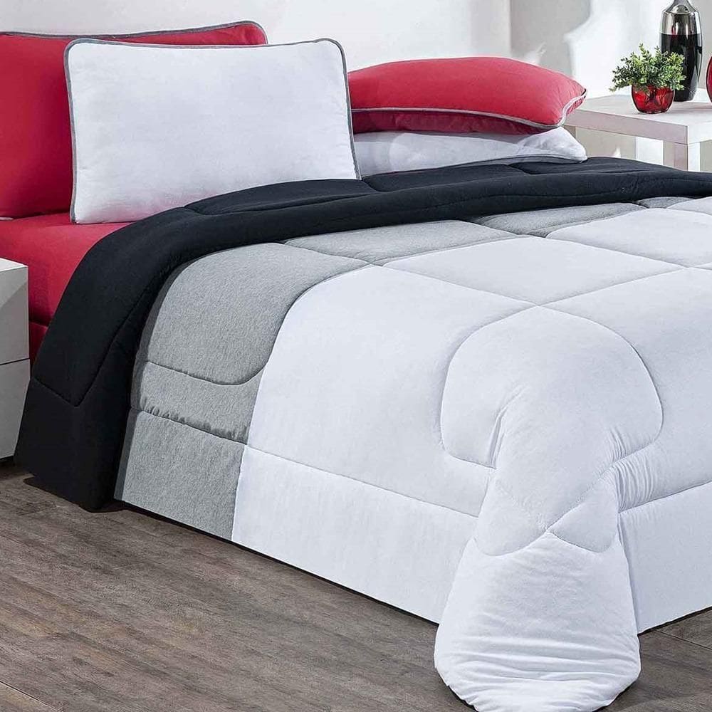 Edredom Malha 100% Algodão Urbano 1 Peça Solteiro - Branco-mescla-preto