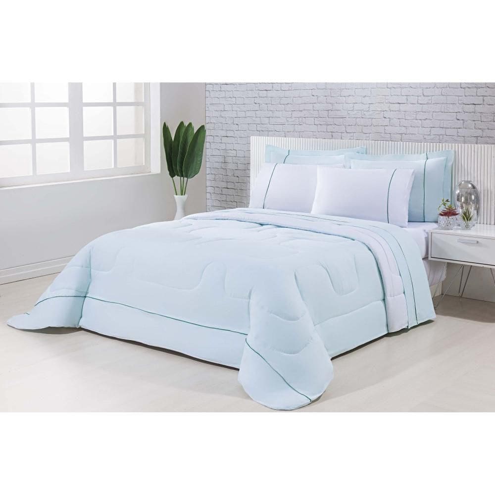 Kit Edredom 100% Algodão Percal 150 Fios Dupla Face Queen + Jogo De Cama 7 Peças - Verde-branco