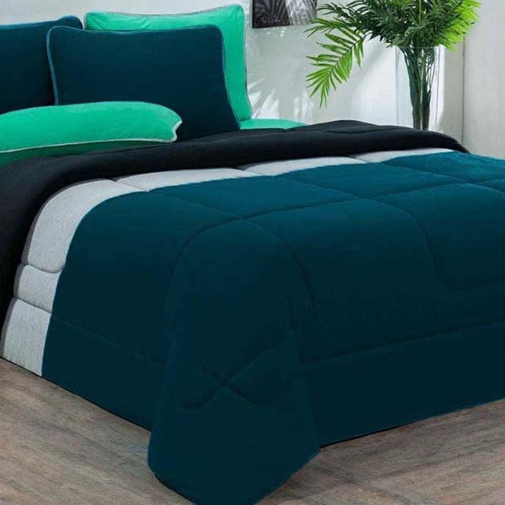 Edredom Malha 100% Algodão Urbano 1 Peça King - Azul Petroleo-mescla-preto