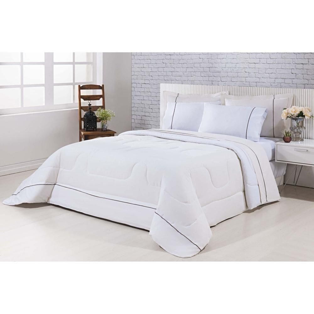 Kit Edredom 100% Algodão Percal 150 Fios Dupla Face Queen + Jogo De Cama 7 Peças - Palha-branco