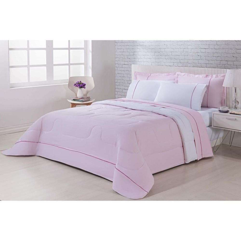 Kit Edredom 100% Algodão Percal 150 Fios Dupla Face Queen + Jogo De Cama 7 Peças - Rosa-branco
