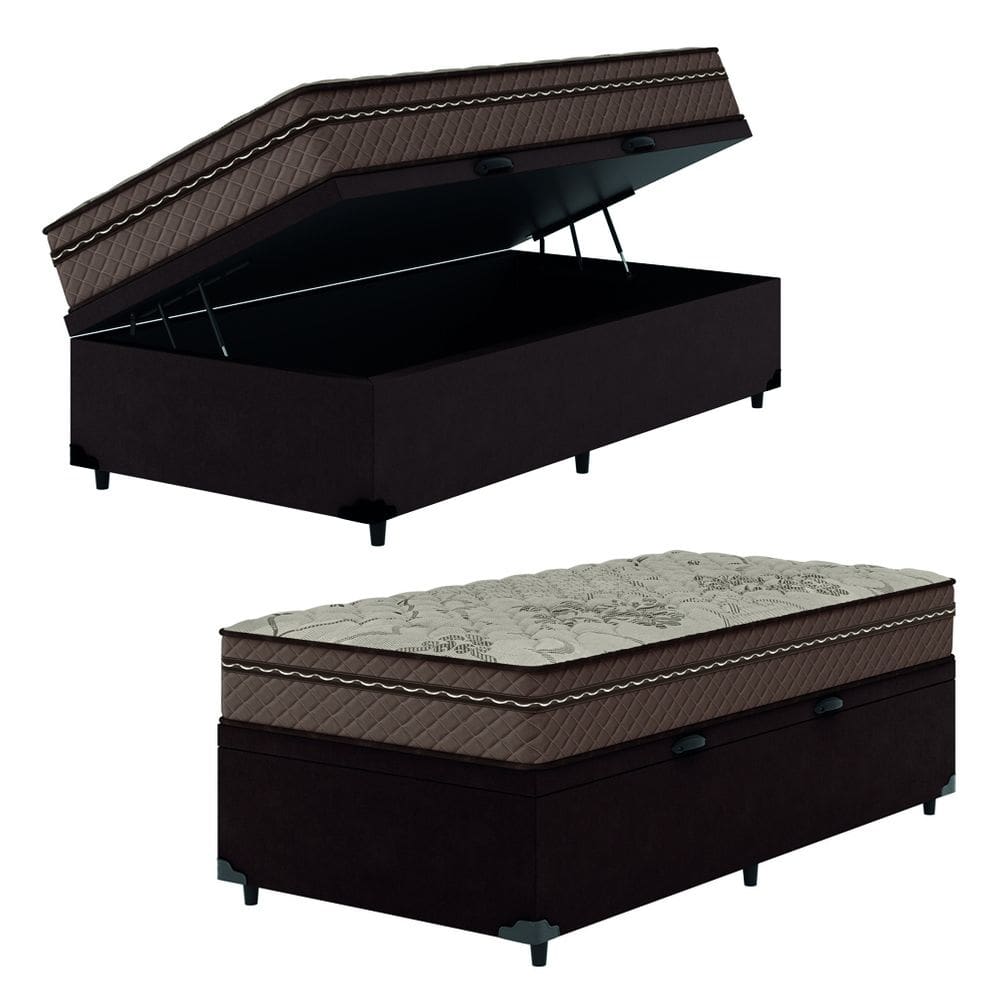 Cama Box Baú Solteiro Colchão Com Molas Ensacadas Tokio 88x188x66cm Marrom Umaflex