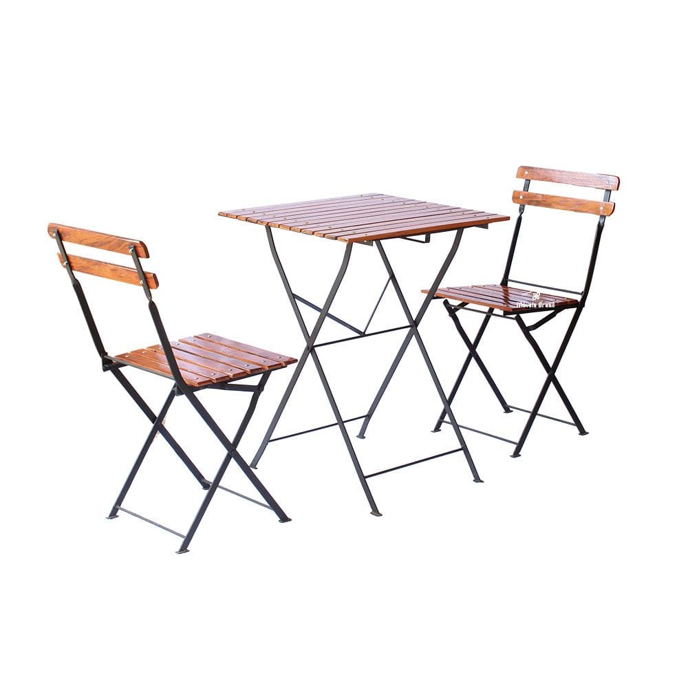 Conjunto Mesa Dobrável 60x60cm com 2 Cadeiras Ferro Black e Madeira Maciça Envernizada