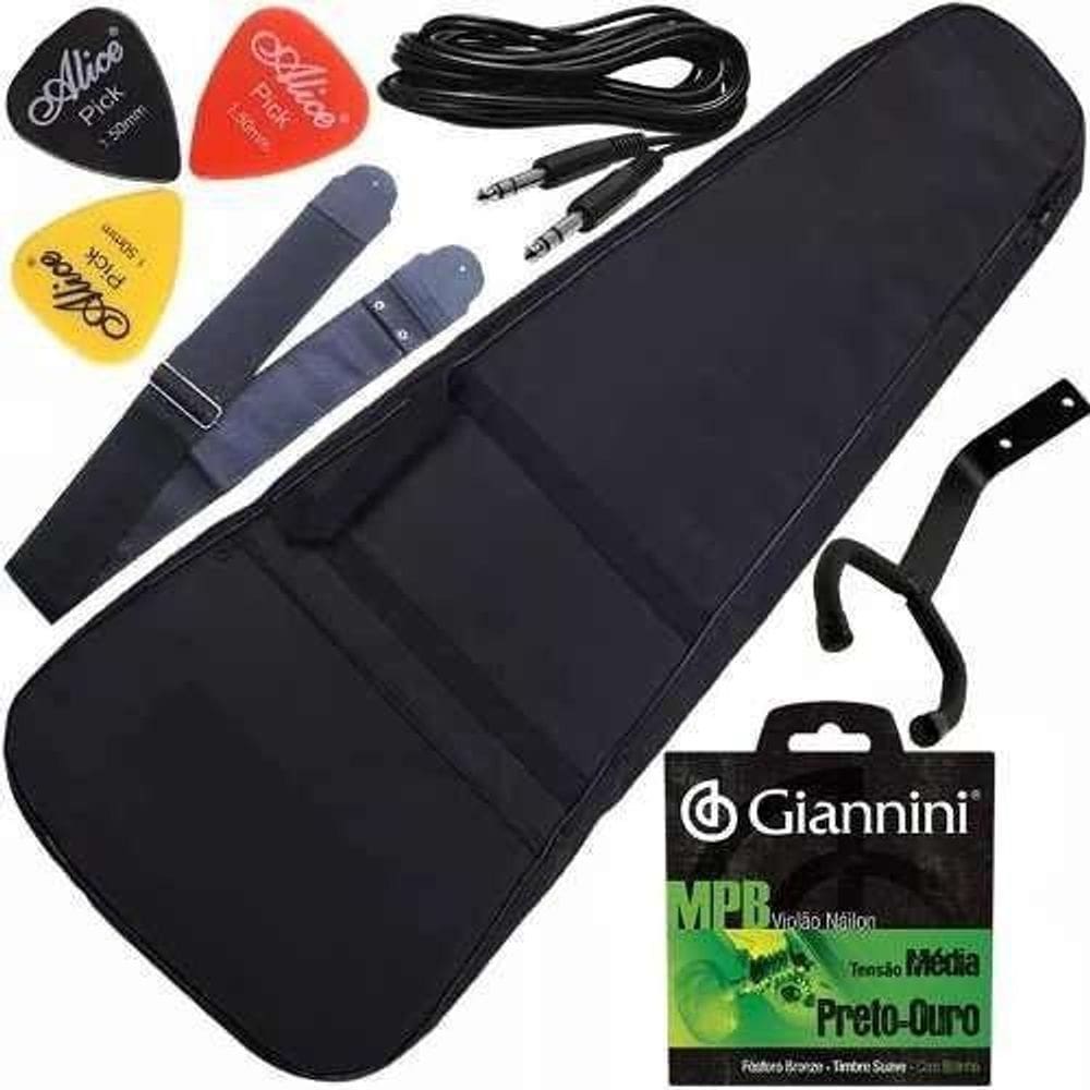 Kit Capa Violão Folk Cordas Nylon + Multi Acessórios Carbon