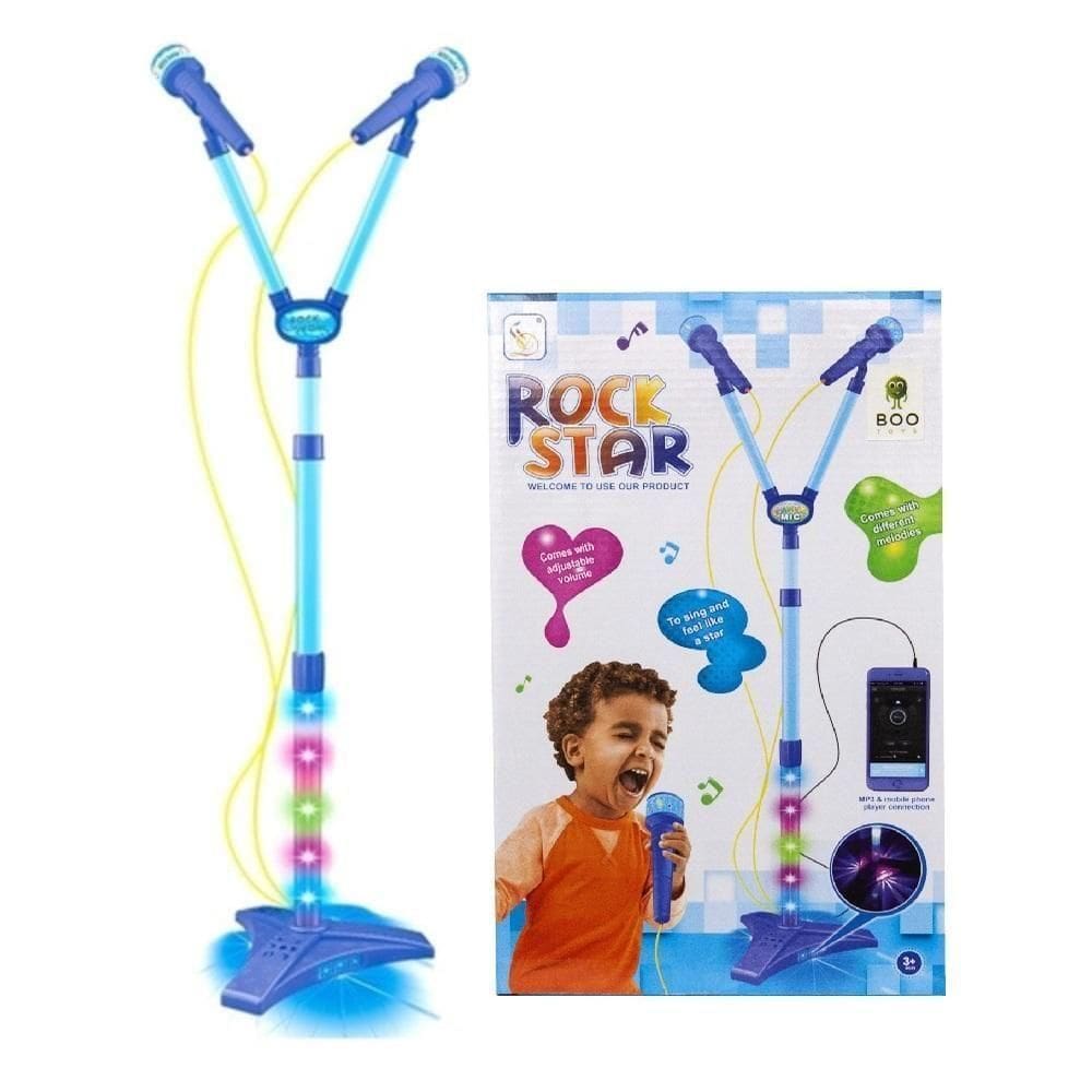 Microfone Infantil Duplo Com Pedestal, Karaokê Rock Star, Amplificador Musical, Conecta Celular E Mp3 Luz Azul