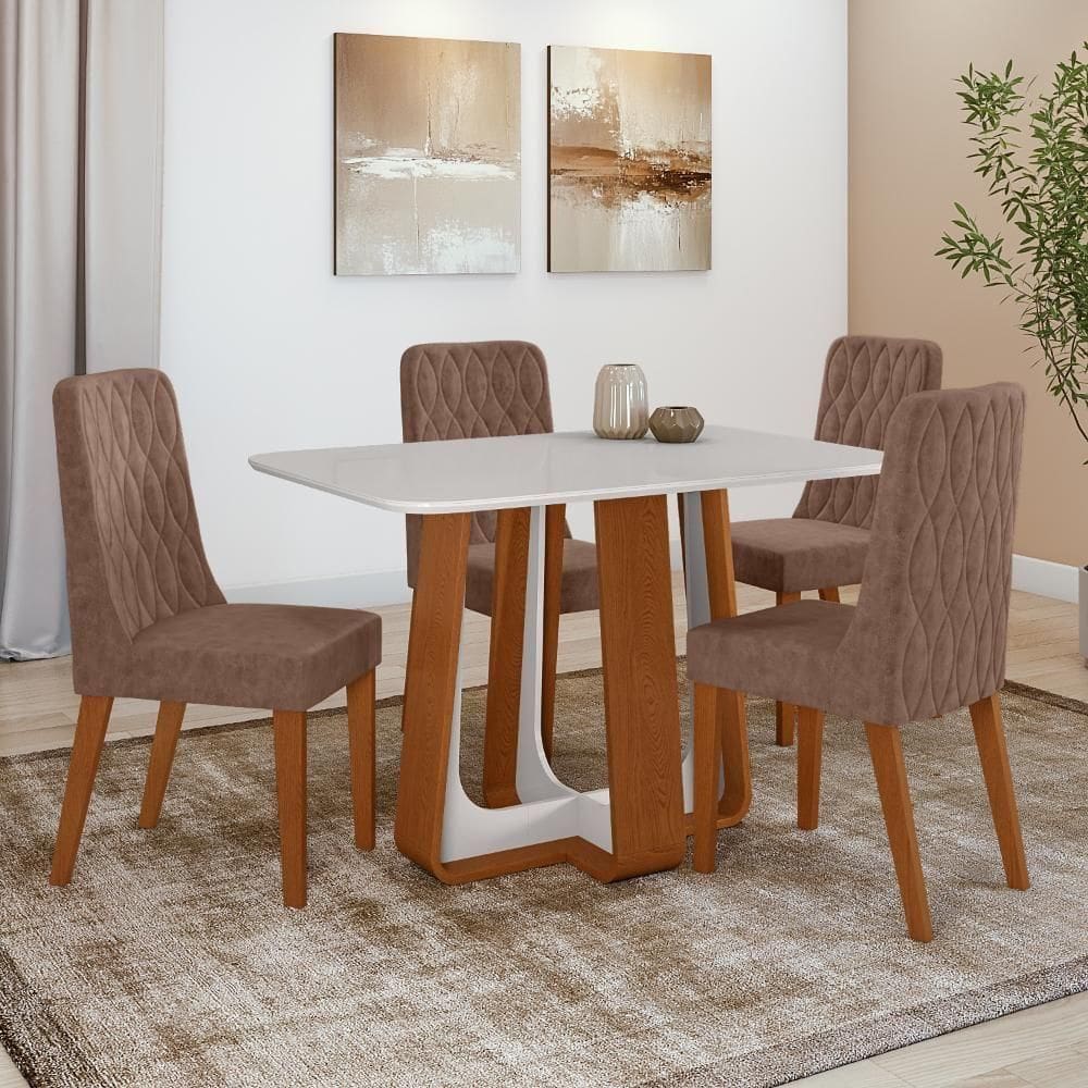 Conjunto Sala De Jantar Mesa Easy Pop 120x80cm Tampo Vidro/mdf Com 4 Cadeiras Seat Couro Morano Avelã Frassino/off White