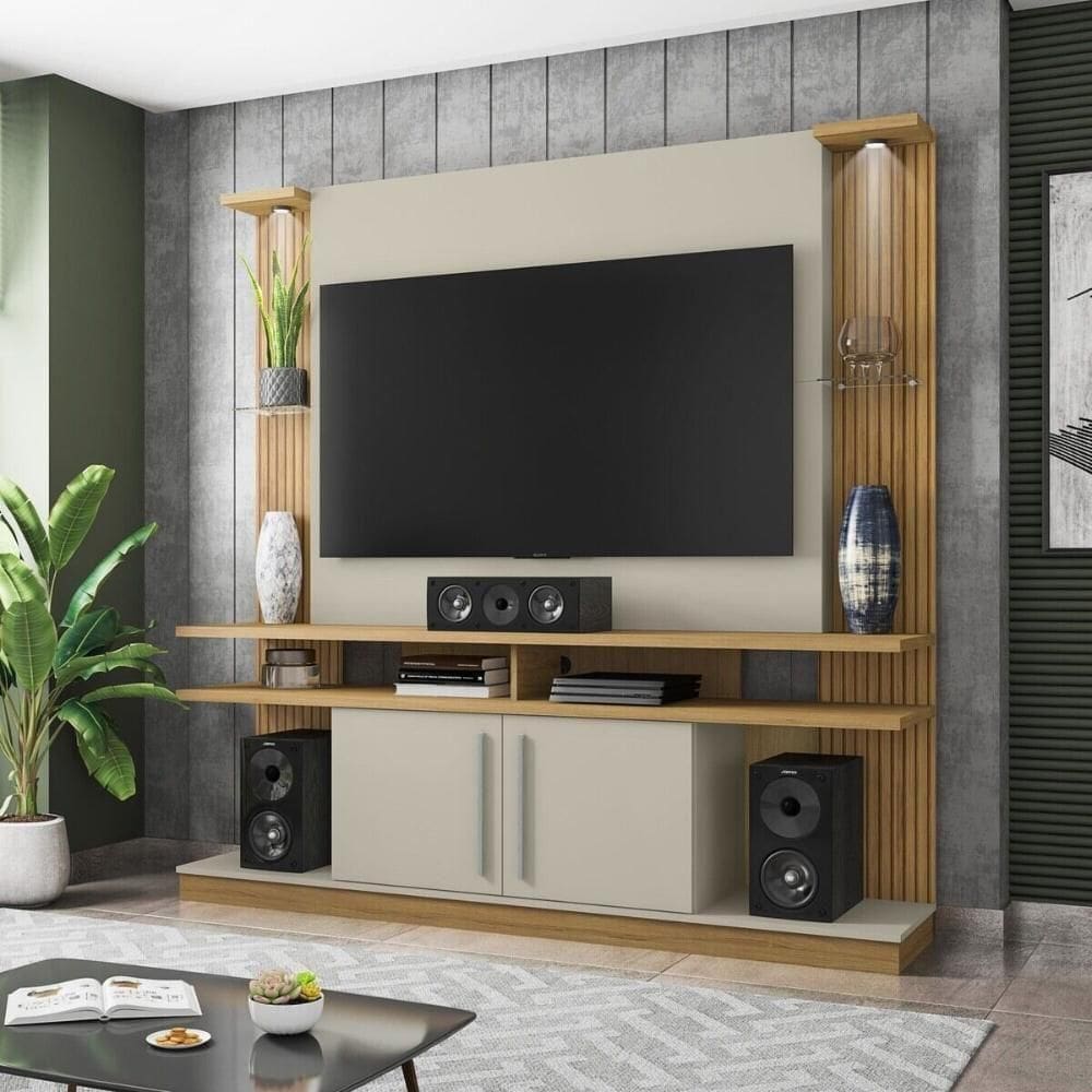 Rack Com Painel Para Até 55 Polegadas Com Vidros 2 Leds E 2 Portas Multimóveis Cr45278 Cinamomo/off White/ripado