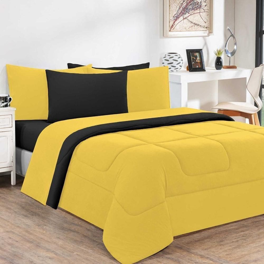 Kit Edredom Malha 100% Algodão Gran Moratta 3 Peças Casal - Amarelo-preto