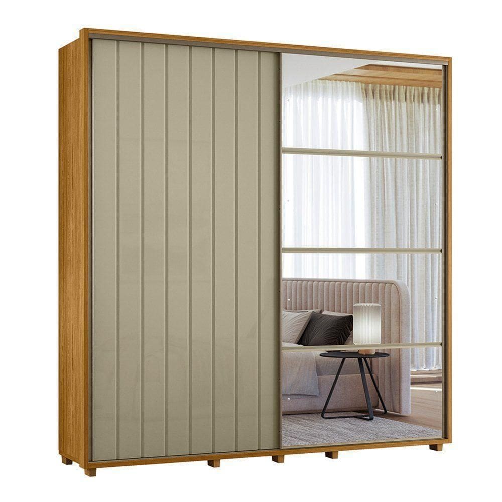 Guarda-roupa Casal Monet Ripado 2 Portas De Correr 4 Gavetas 1 Porta C/ Espelho - 7 Decor Cumaru E Opala