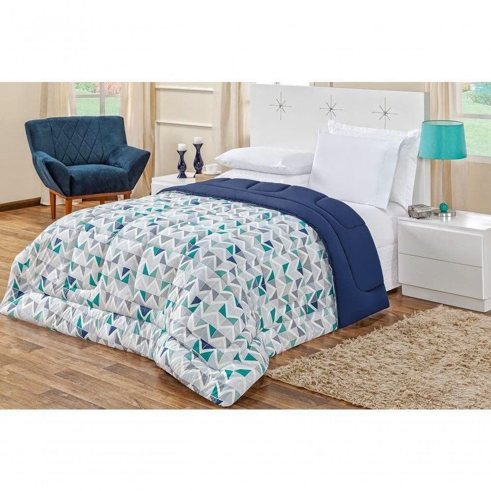 Edredom Dupla Face Super King Quality 01 Peça - Geométrico Azul