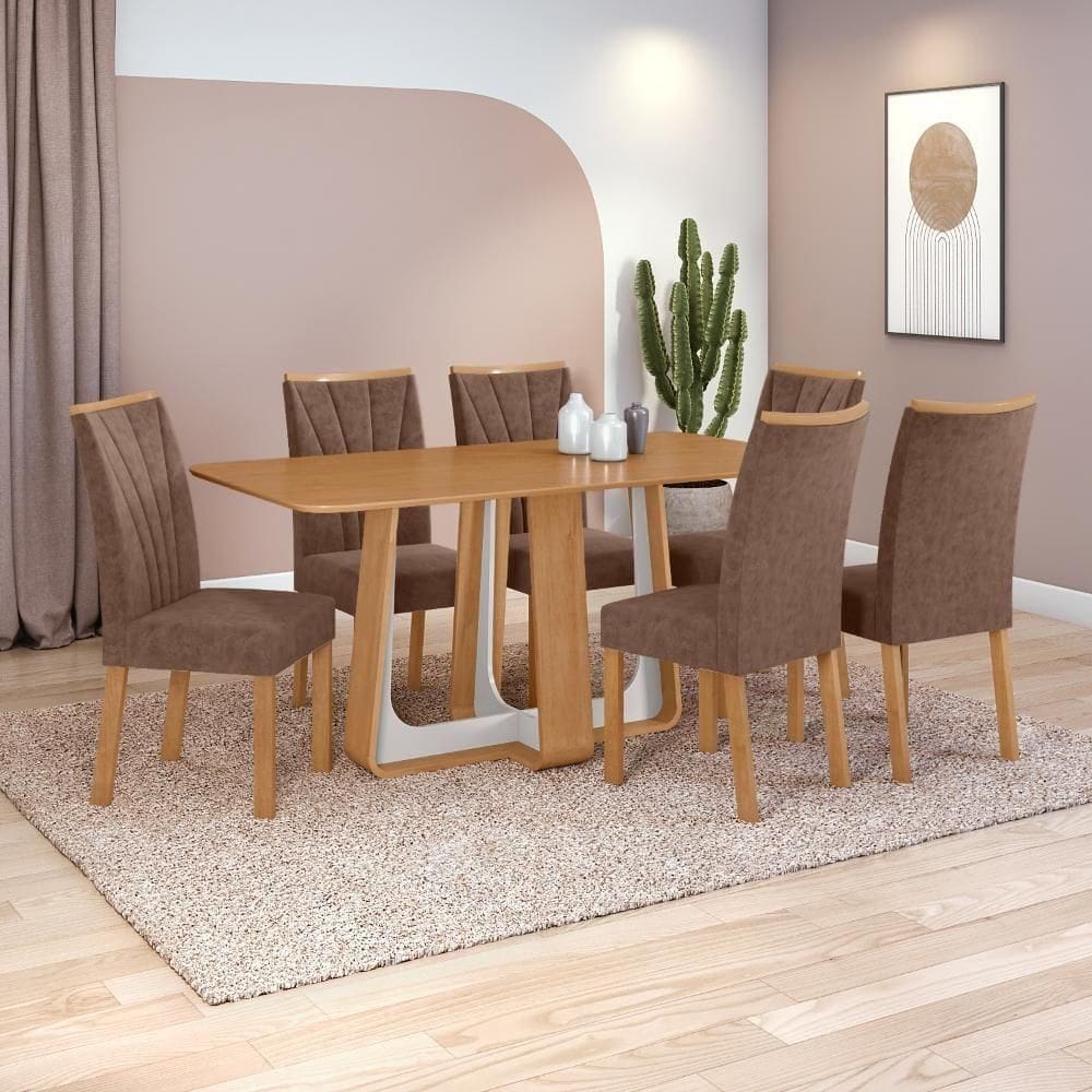 Conjunto Sala De Jantar Mesa Easy Pop 170x90cm Tampo Mdf Com 6 Cadeiras Confort Couro Morano Avelã Amêndoa/off White