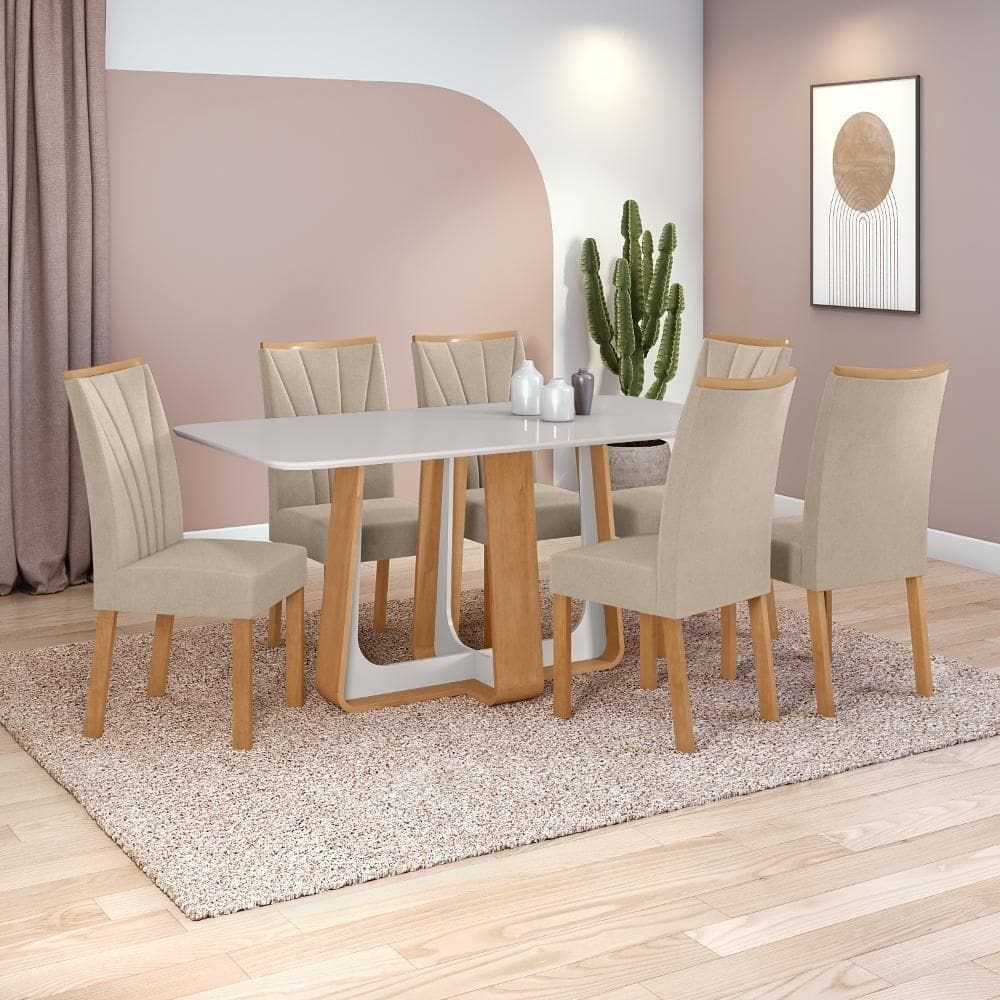 Conjunto Sala De Jantar Mesa Easy Pop 170x90cm Tampo Vidro/mdf Com 6 Cadeiras Confort Veludo Creme Amendoa/off White