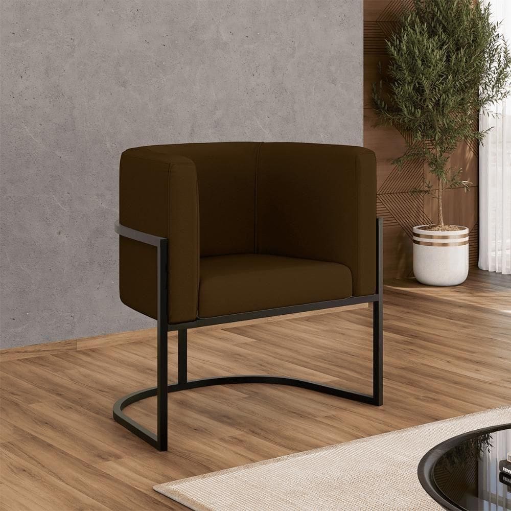 Poltrona Corino Decorativa Lua Recepção Base Ferro Black Marrom