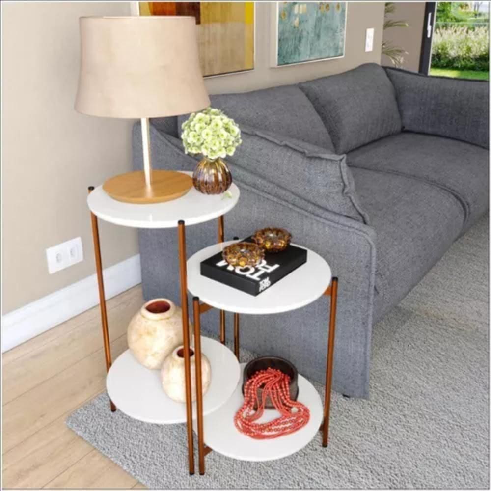 Conjunto Mesa De Centro E Lateral Liora Branca Com Pés De Ferro Bronze