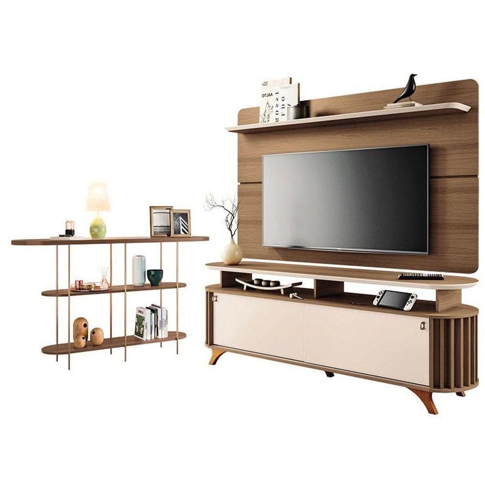 Rack Bancada Alba Com Painel Curv Com Aparador Infinity Castanho Off White - Hb Móveis
