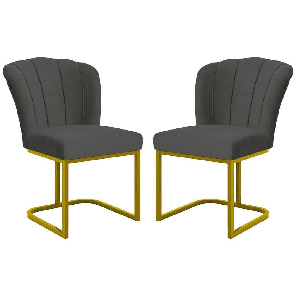 Kit 2 Cadeira Poltrona Flor Pés Metal Dourado Mesa Jantar Cozinha Cinza