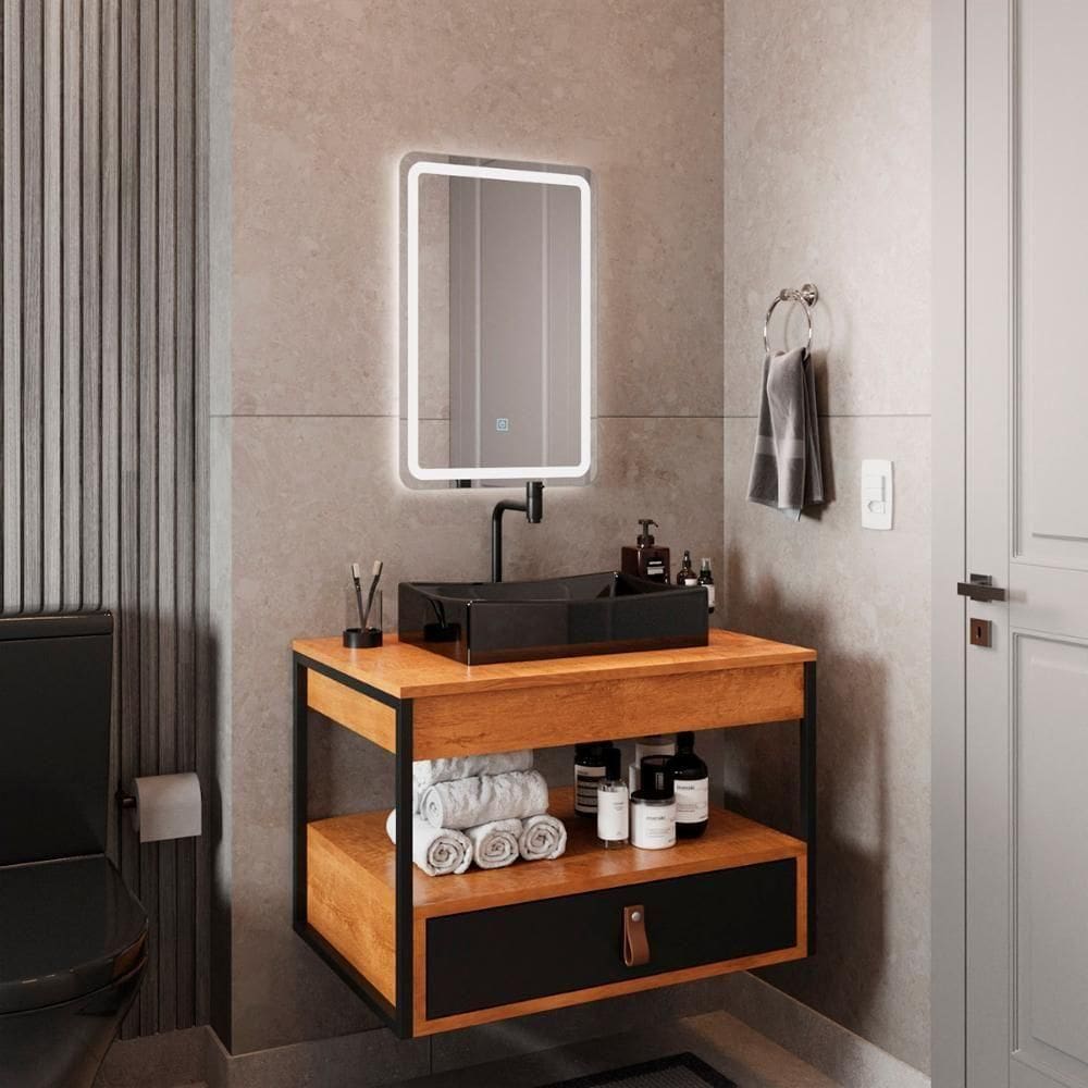 Gabinete Harley 1 Gaveta Espelho Retangular Led 60cm Bivolt Nature/Preto