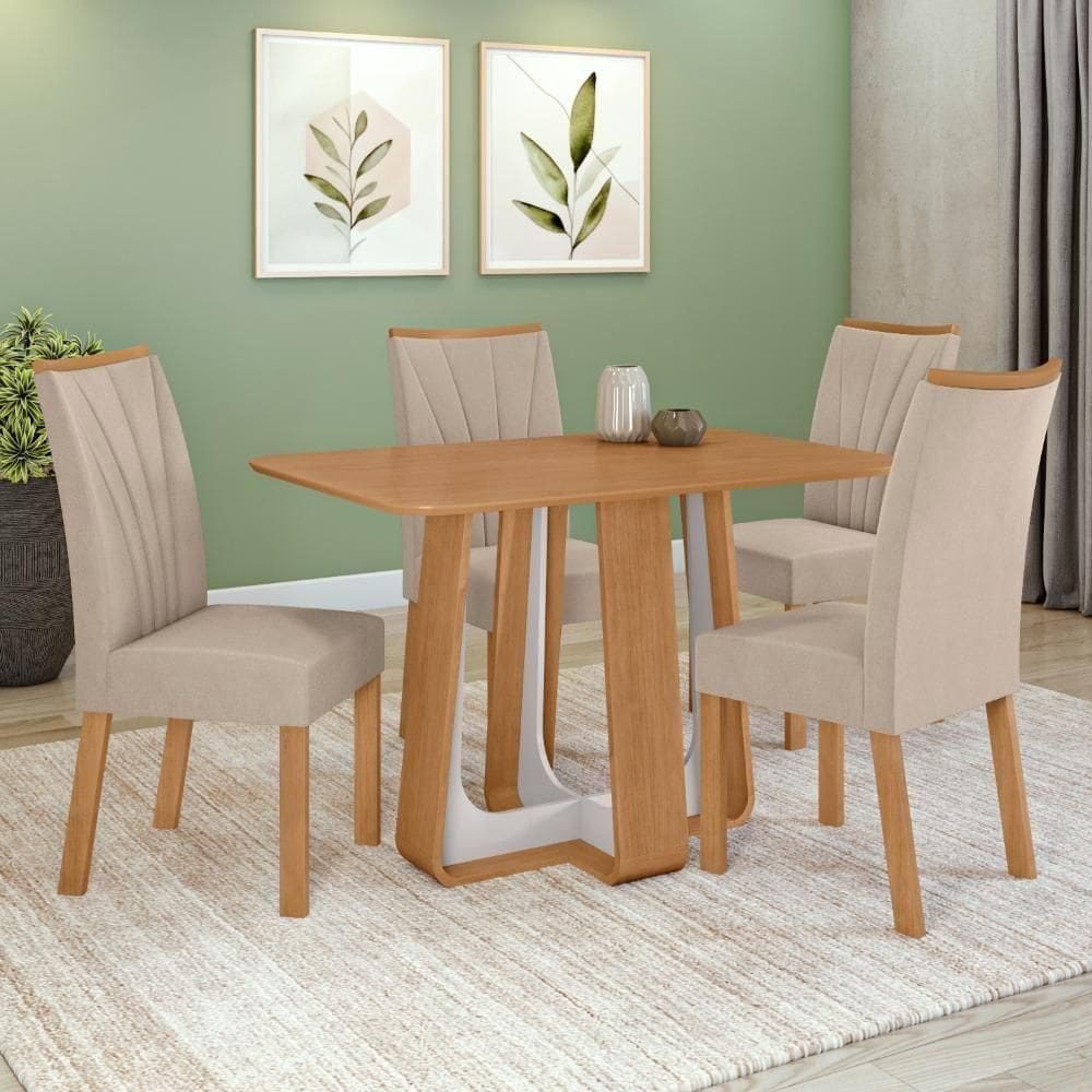 Conjunto Sala De Jantar Mesa Easy Pop 120x80cm Tampo Mdf Com 4 Cadeiras Confort Veludo Creme Amêndoa/off White