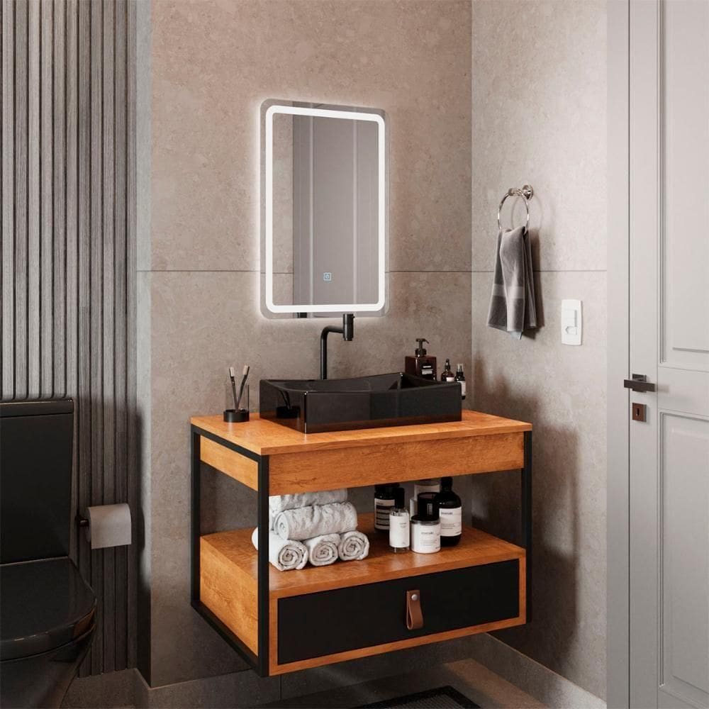 Gabinete Harley Cuba Torneira Espelho Retangular Led 50cm Nature/Preto