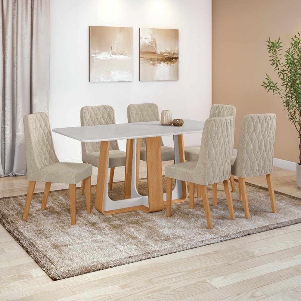 Conjunto Sala De Jantar Mesa Easy Pop 170x90cm Tampo Vidro/mdf Com 6 Cadeiras Seat Linho Rinzai Bege Amendoa/off White