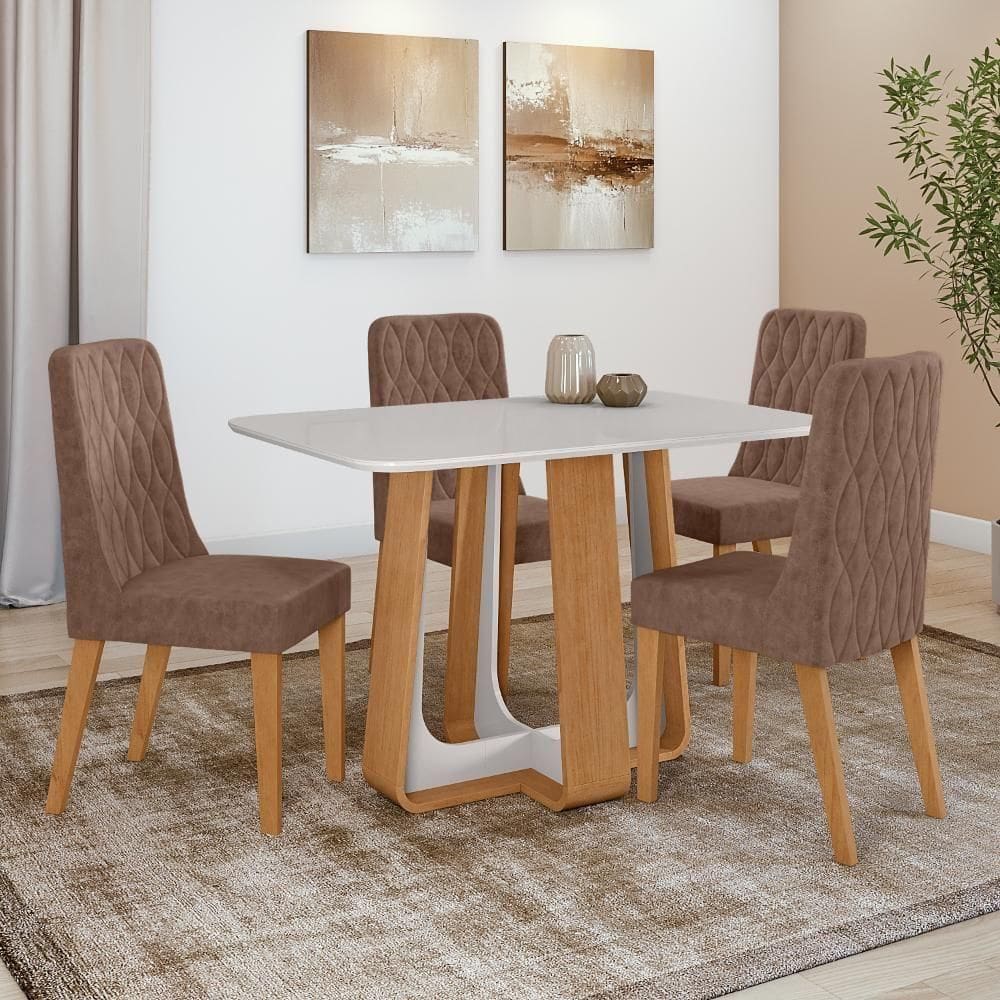 Conjunto Sala De Jantar Mesa Easy Pop 120x80cm Tampo Vidro/mdf Com 4 Cadeiras Seat Couro Morano Avelã Amendoa Off White