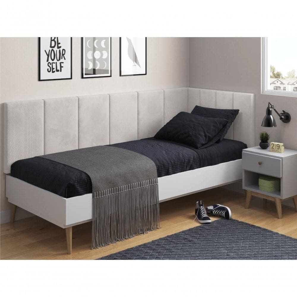 Conjunto De Cabeceira Solteiro Clara Proteção Lateral Bege Suede