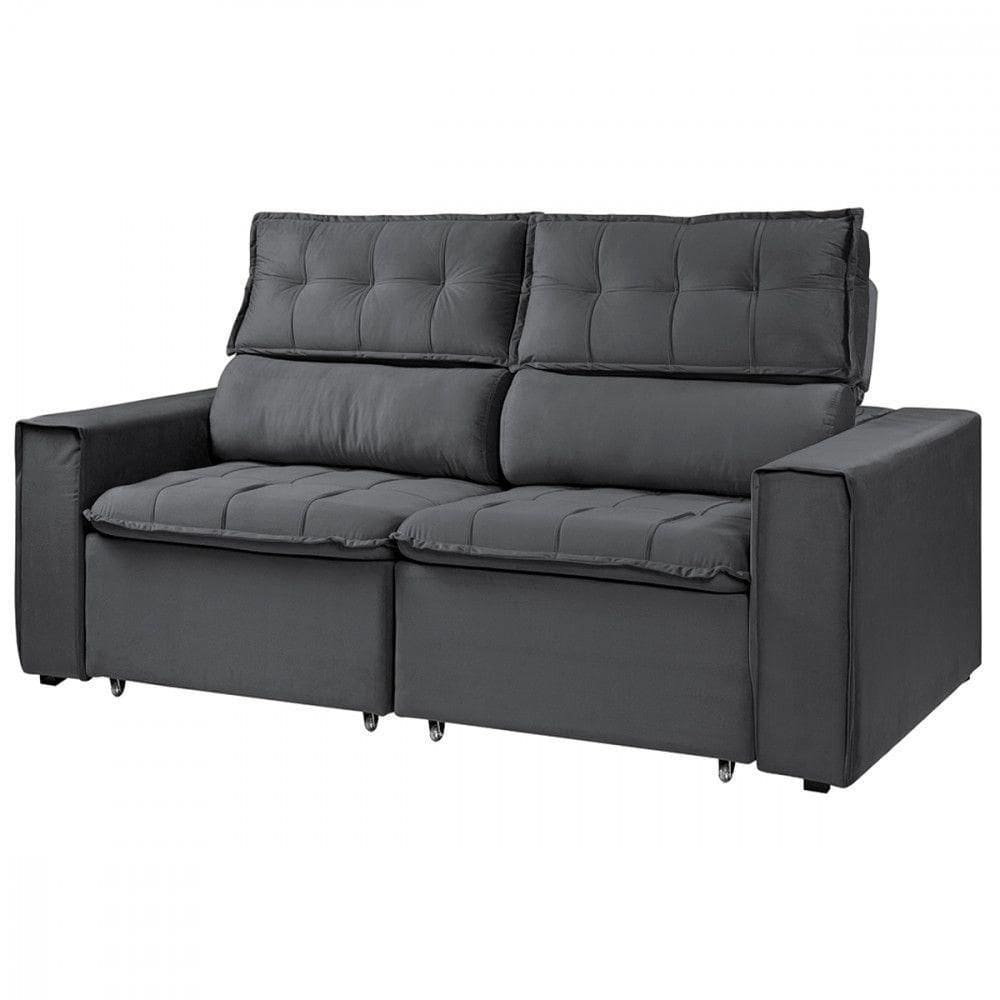 Sofá Retratil Reclinavel Estofado Cancún 200cm Veludo Chumbo Chumbo