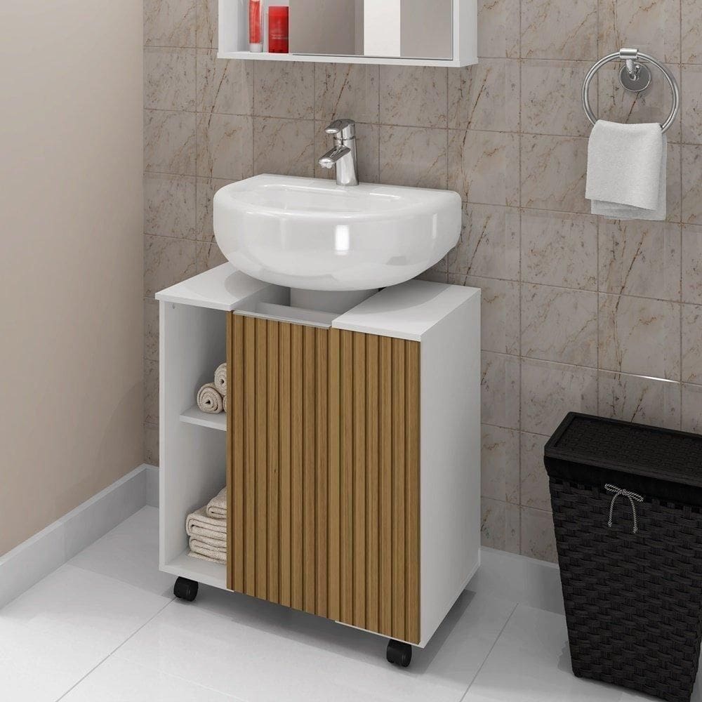 Gabinete Para Banheiro Pequin Bechara 2075554 Banheiro Branco/ripado - Ofertamo