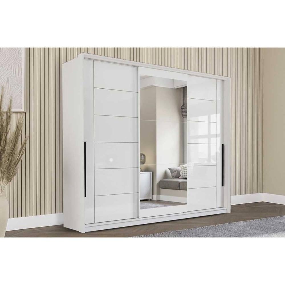 Guarda Roupa 3 Portas de Correr (1 c/ espelho) e 4 Gavetas Lisboa Branco - Politorno